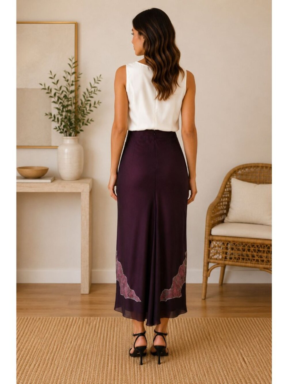 Vintage New BCBG Purple Hi Low Silk Maxi Skirt w Floral Embroidery SZ 2 - Picture 6 of 11